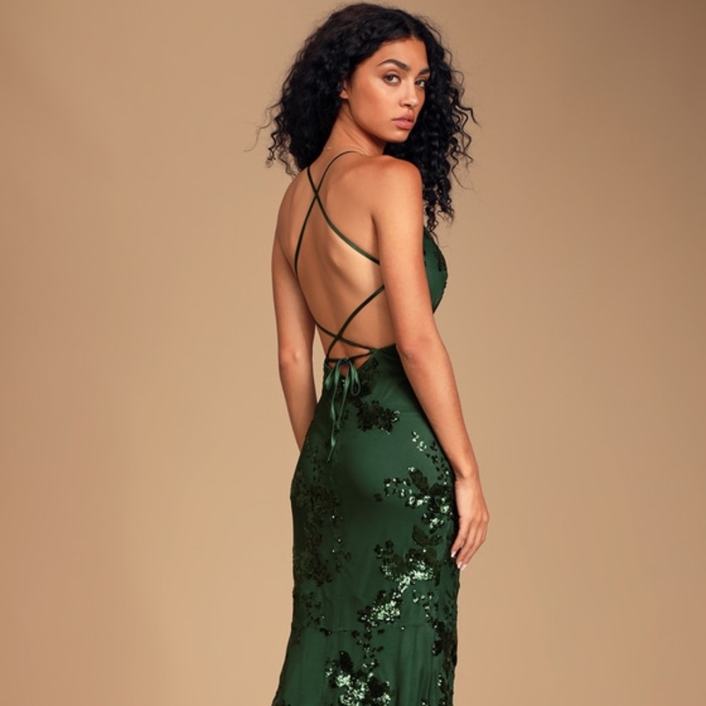 Lulus Valhalla Forest Green Sequin Lace-up Maxi Dress - Size S
